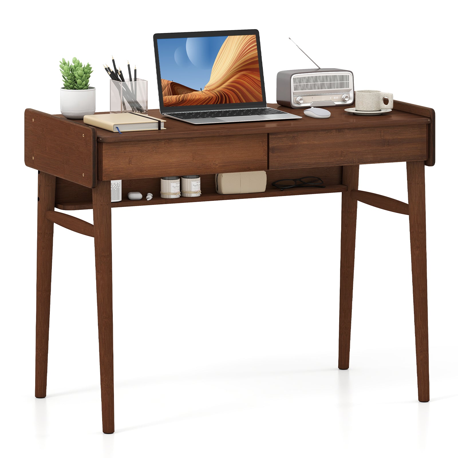 Bamboo Writing Desk With 2 Drawers, Open Shelf, Walnut Writing Desks at Gallery Canada