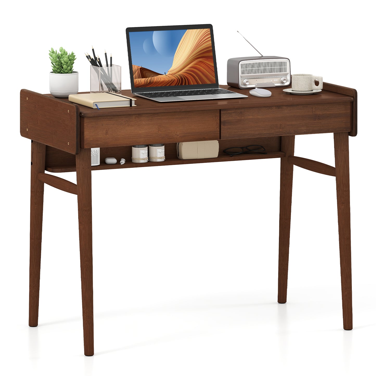 Bamboo Writing Desk With 2 Drawers, Open Shelf, Walnut Writing Desks at Gallery Canada