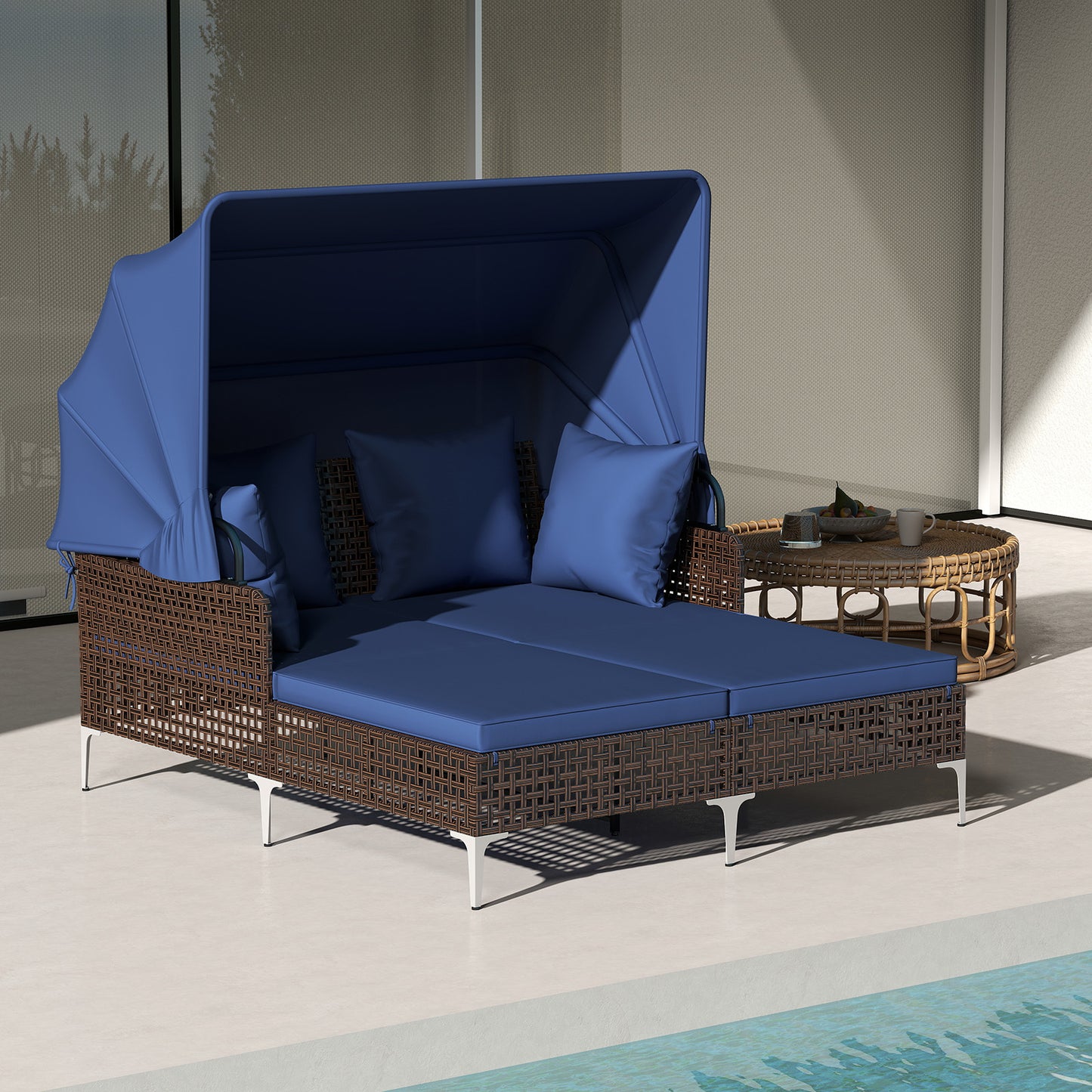 Outdoor Daybed with Retractable Canopy PE Wicker Rattan Patio Lounger, Navy Outdoor Chaise Lounges at Gallery Canada