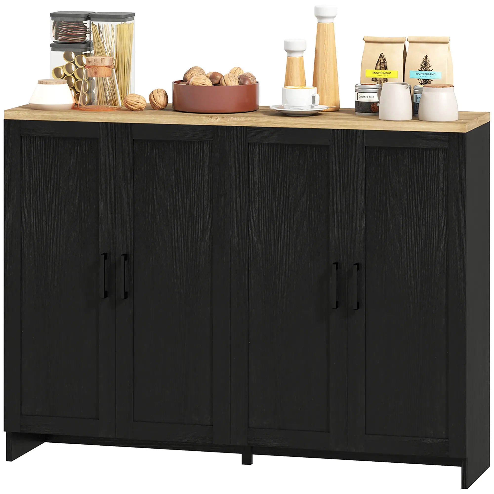 Modern Sideboard Buffet Cabinet, 4 Doors Adjustable Shelves, Black Storage Cabinets Black, Natural at Gallery Canada