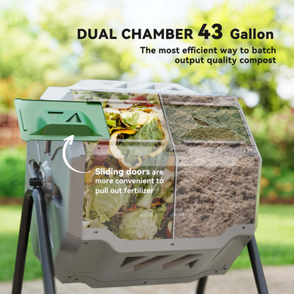 Dual Chamber 43 Gallon Compost Bin, 360 Rotating, Dark Green