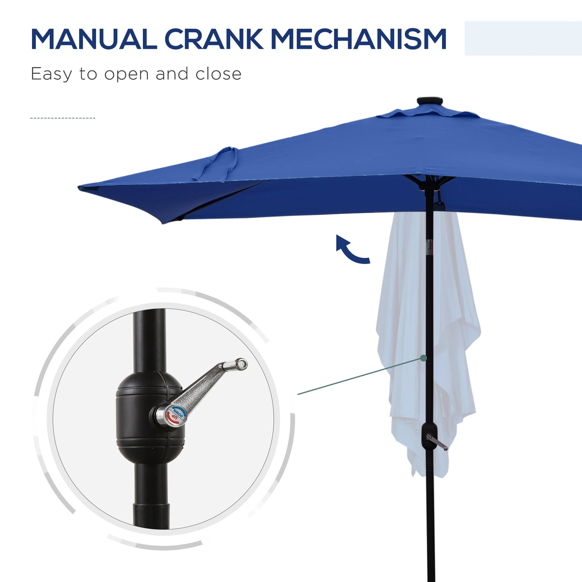 6' x 10' Rectangular Patio Umbrella, 22 LED Solar Lights, Tilt, Crank, Dark Blue Sun Umbrellas at Gallery Canada