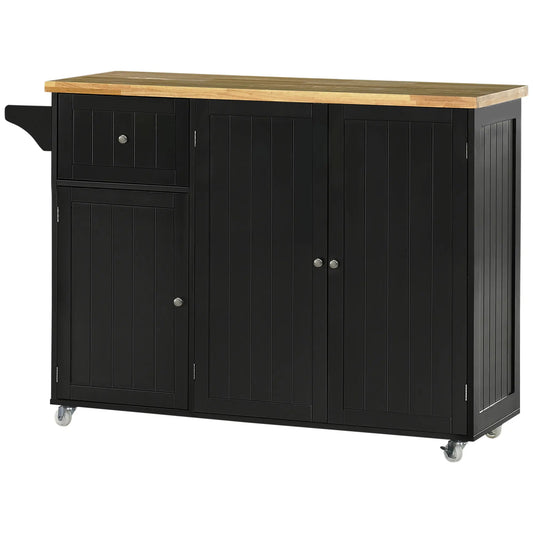 Rolling Kitchen Island with Storage, Utility Kitchen Island Cart with Drawer, Cabinets, Towel Rack and Rubber Wood Top Kitchen Islands & Kitchen Carts Black at Gallery Canada