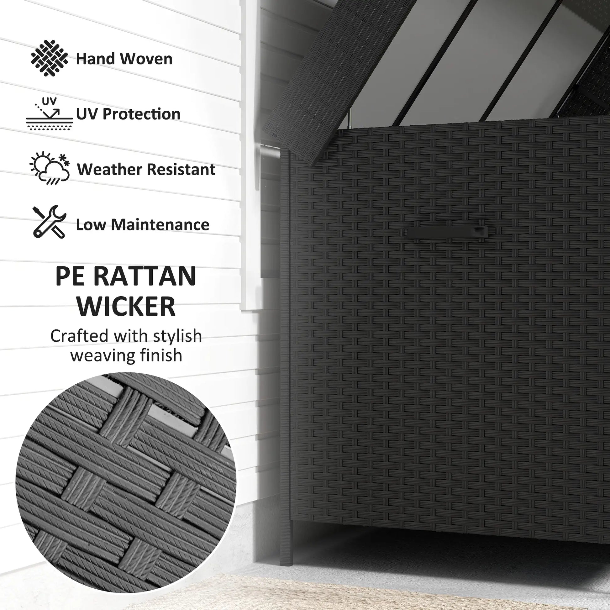 165 Gallon Deck Box, Wicker Outdoor Storage, Waterproof Liner, Black Patio Storage Boxes at Gallery Canada