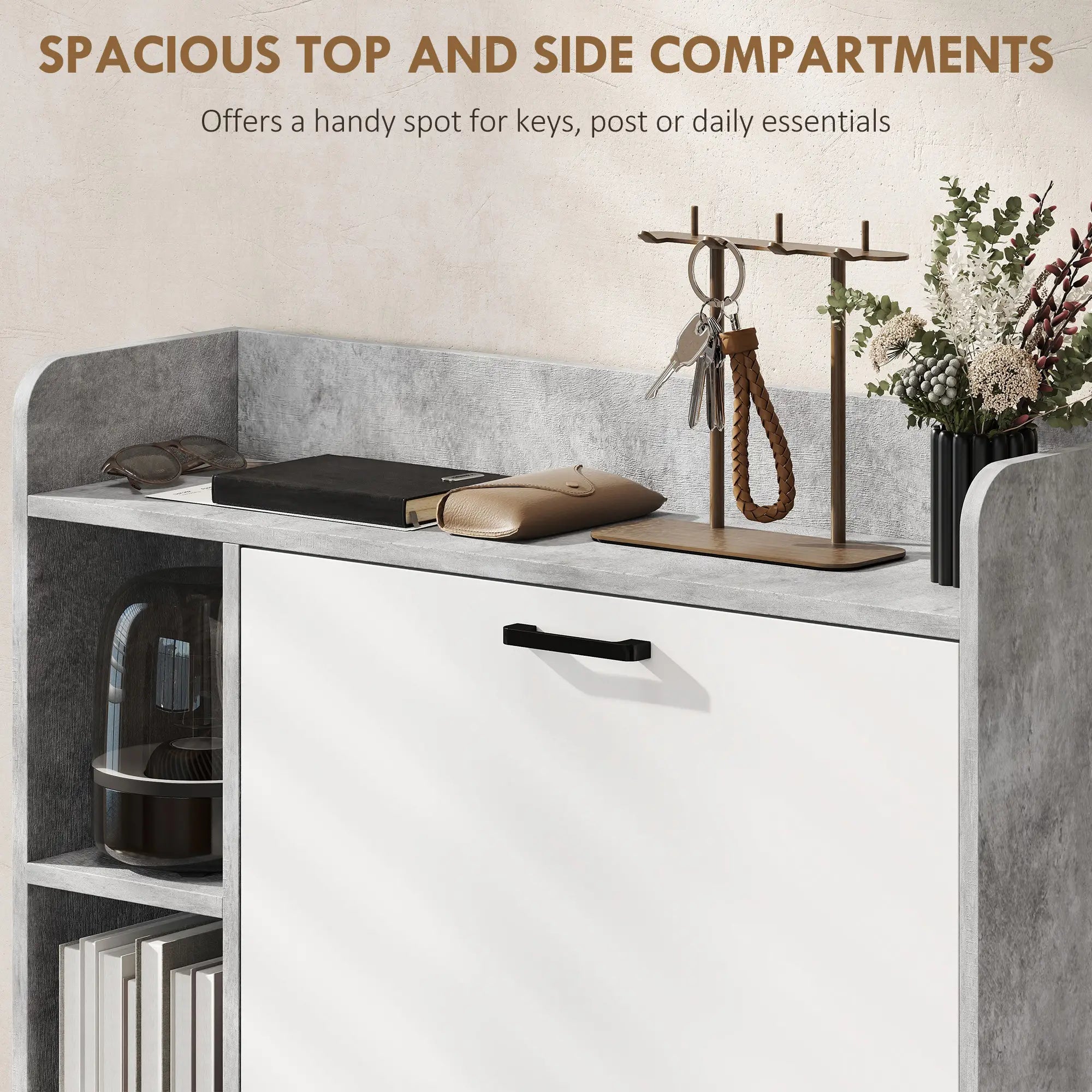 Shoe Cabinet with 2 Flip Drawers, 3 Side Compartments, Adjustable Shelves, 8-12 Pairs for Entryway Hallway, Grey Shoe Storage Cabinets & Racks at Gallery Canada