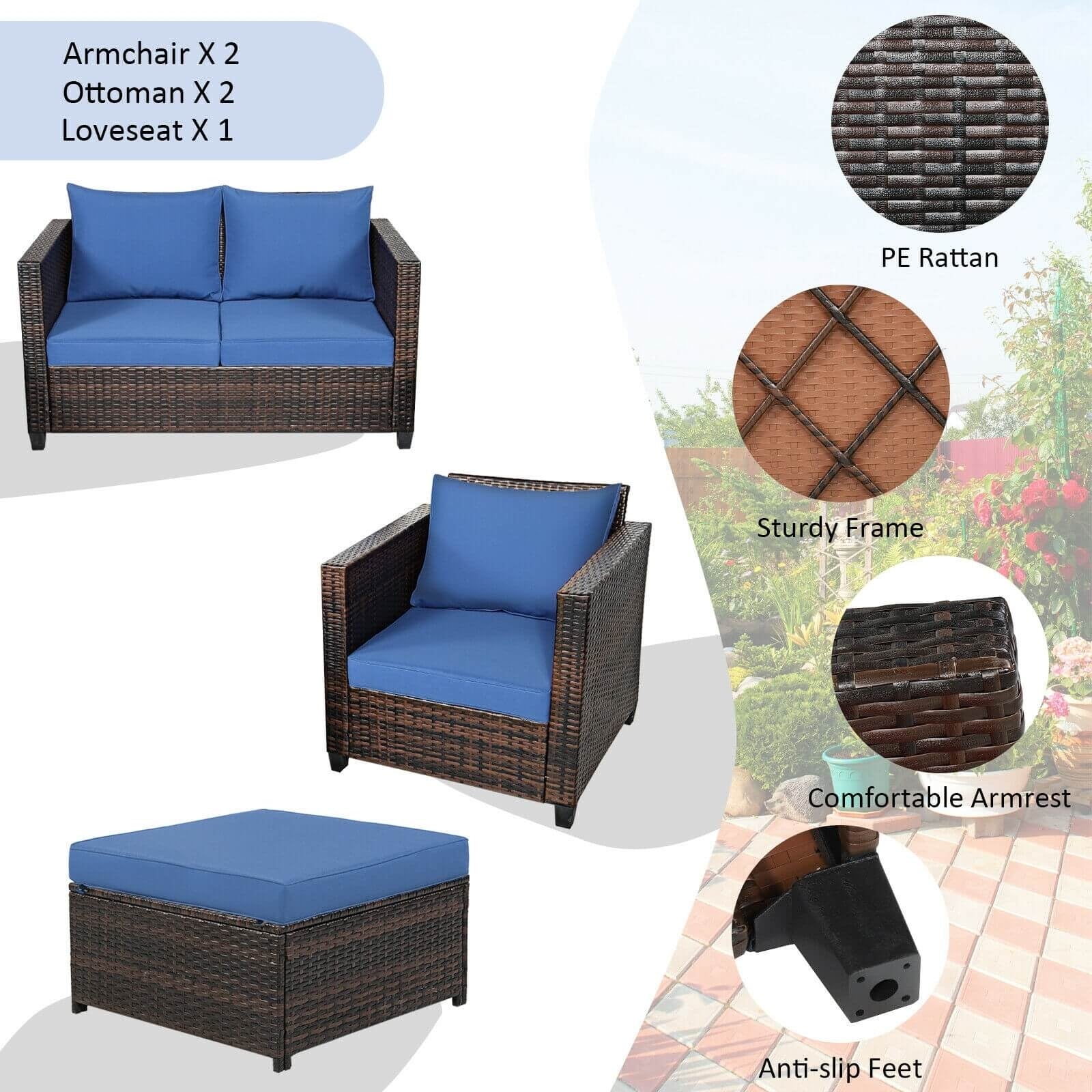 5 Piece Patio Cushioned Rattan Furniture Set, Navy Outdoor Sectionals at Gallery Canada