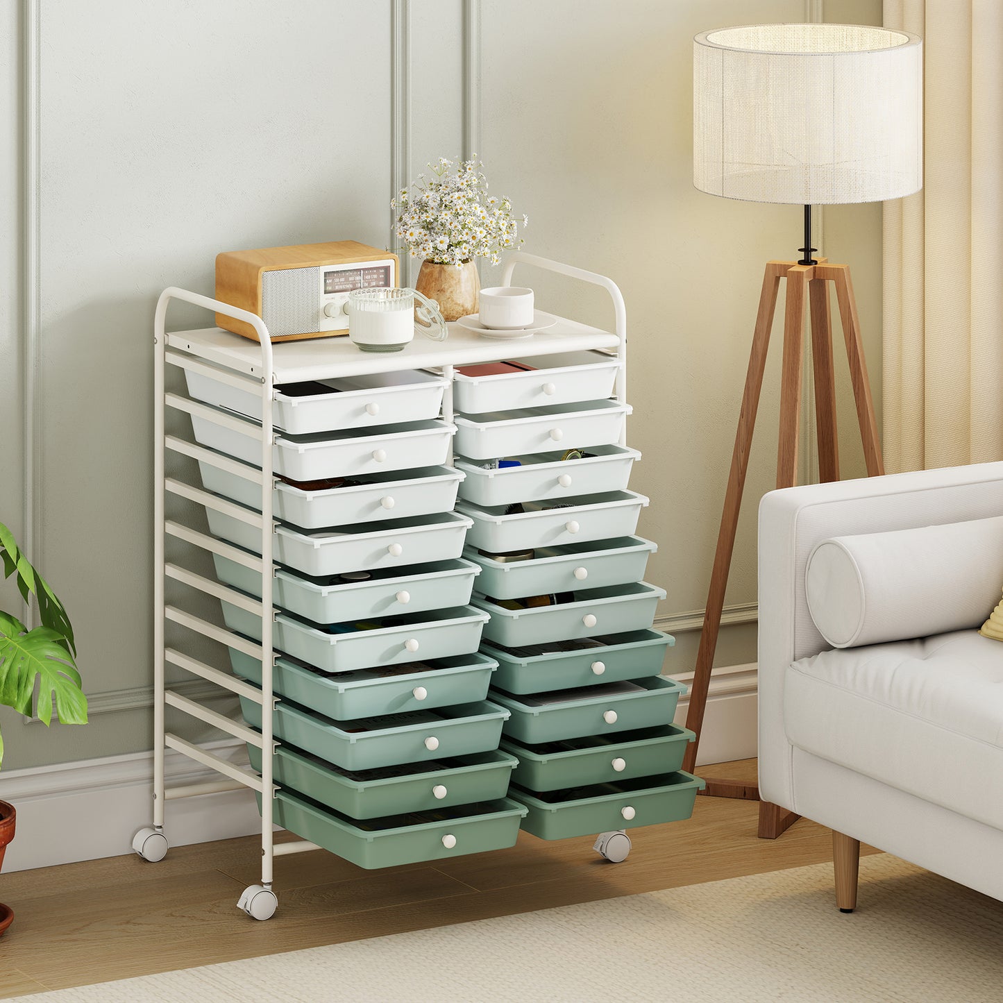 20 Drawers Rolling Storage Cart, Light Green, Green File Cabinets at Gallery Canada