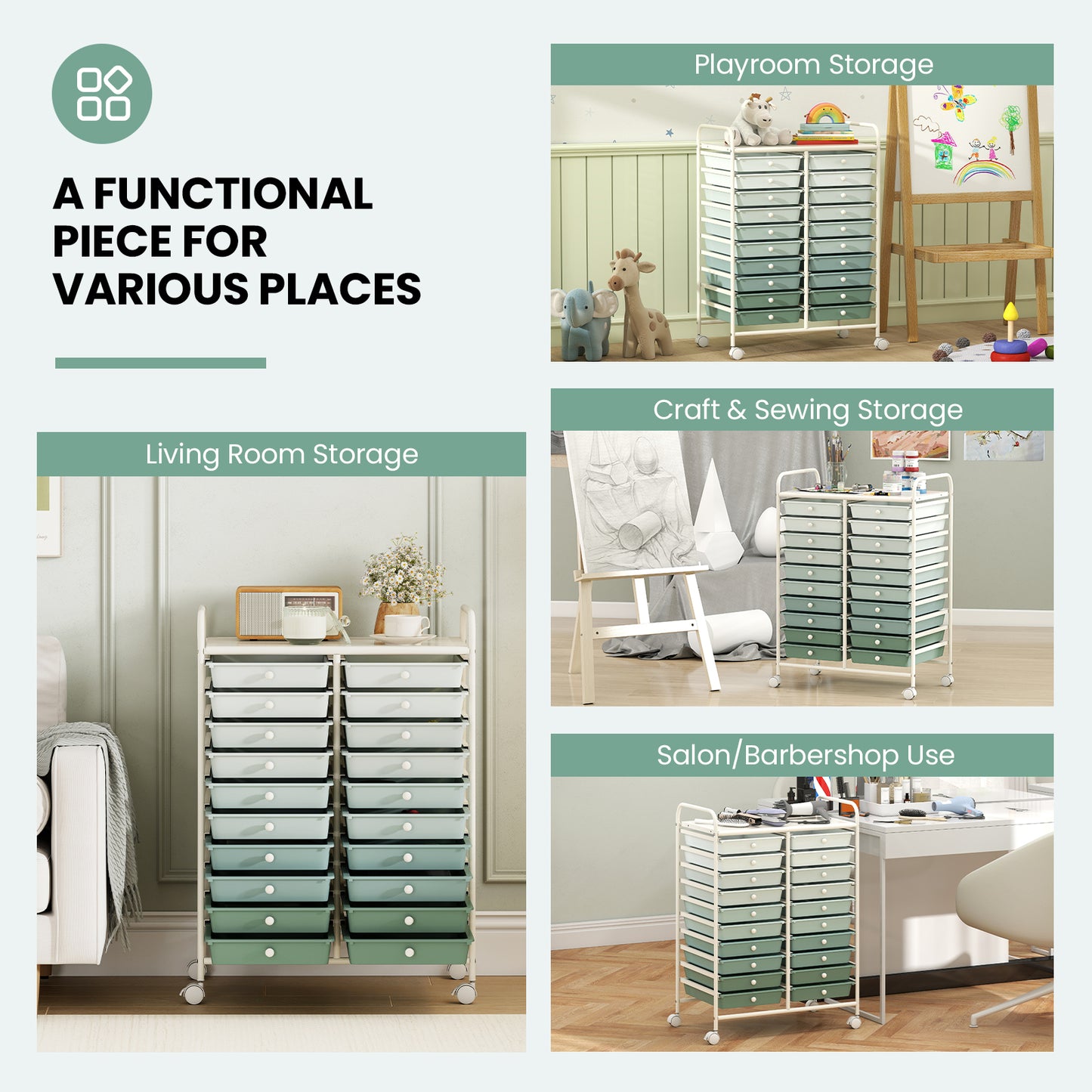 20 Drawers Rolling Storage Cart, Light Green, Green File Cabinets at Gallery Canada