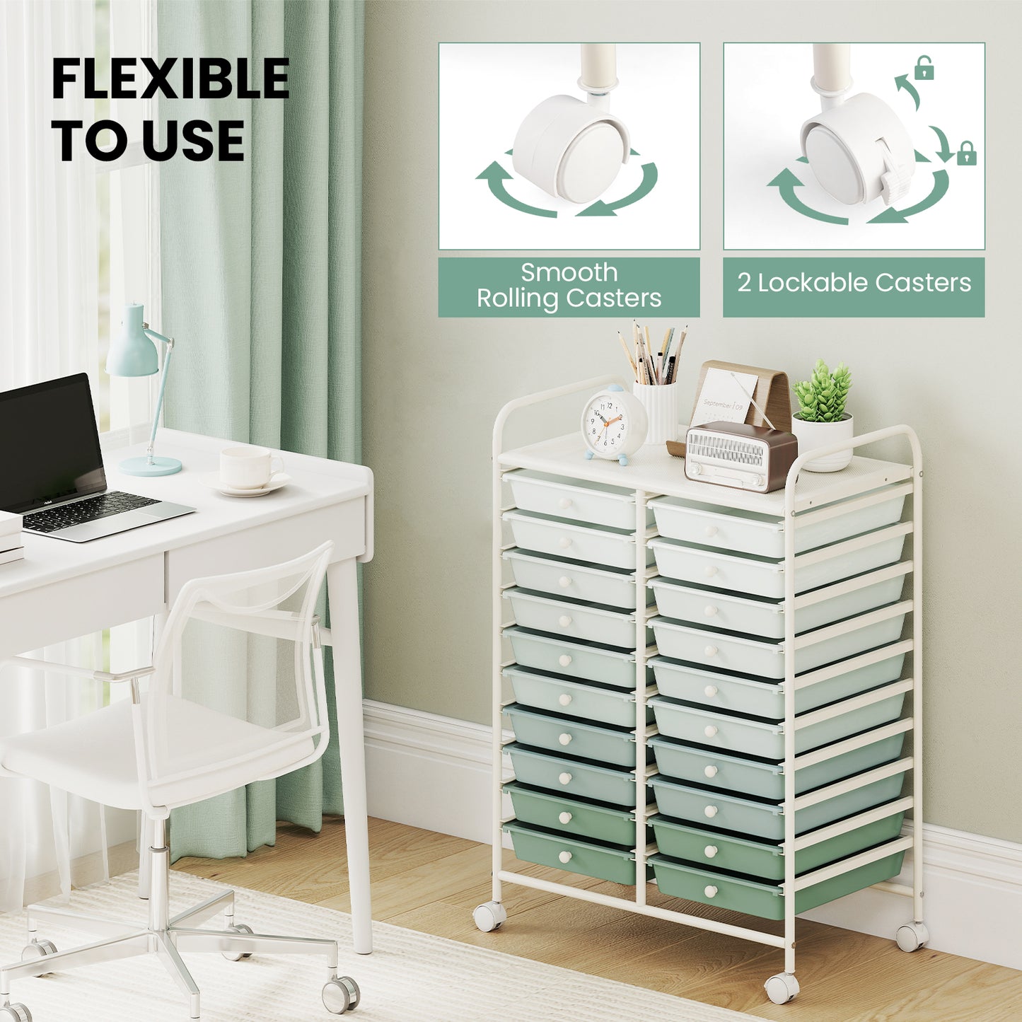 20 Drawers Rolling Storage Cart, Light Green, Green File Cabinets at Gallery Canada