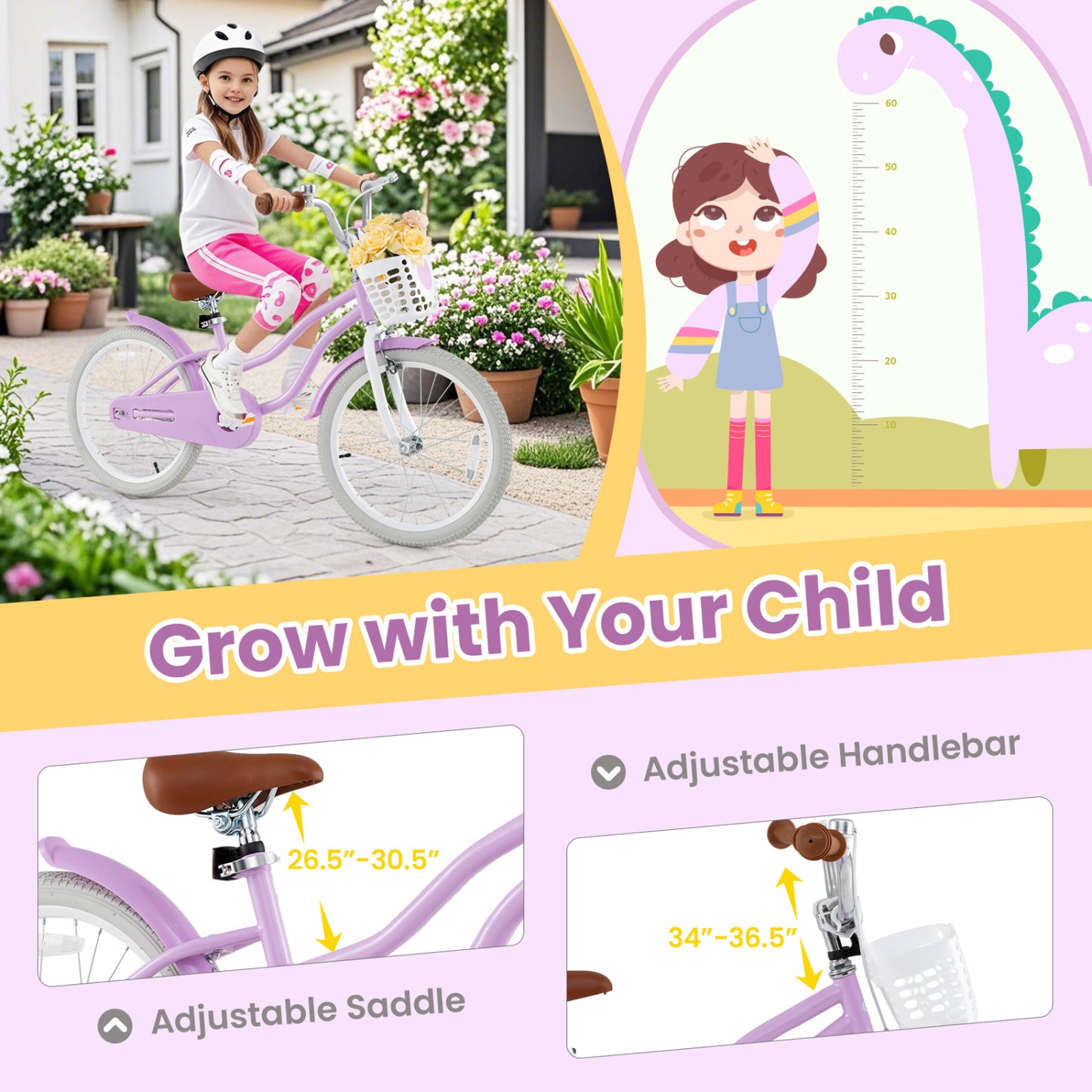 20 Inch Adjustable Kids Bike, 2 Brake System, Purple Kids Bike at Gallery Canada