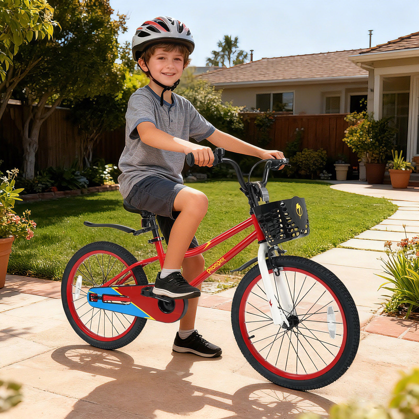 20 Inch Kids Bike Adjustable with Kickstand and Storage Basket for Aged 8+ Years, Red Kids Bike at Gallery Canada
