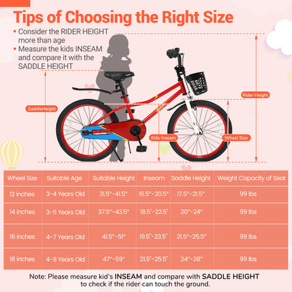 20 Inch Kids Bike Adjustable with Kickstand and Storage Basket for Aged 8+ Years, Red Kids Bike at Gallery Canada