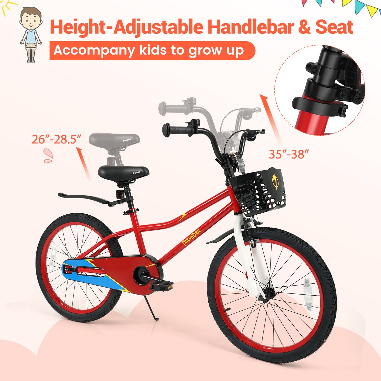 20 Inch Kids Bike Adjustable with Kickstand and Storage Basket for Aged 8+ Years, Red Kids Bike at Gallery Canada