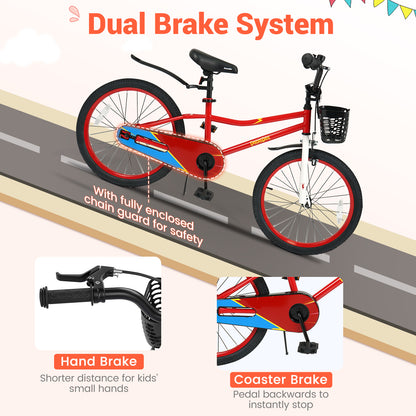 20 Inch Kids Bike Adjustable with Kickstand and Storage Basket for Aged 8+ Years, Red Kids Bike at Gallery Canada