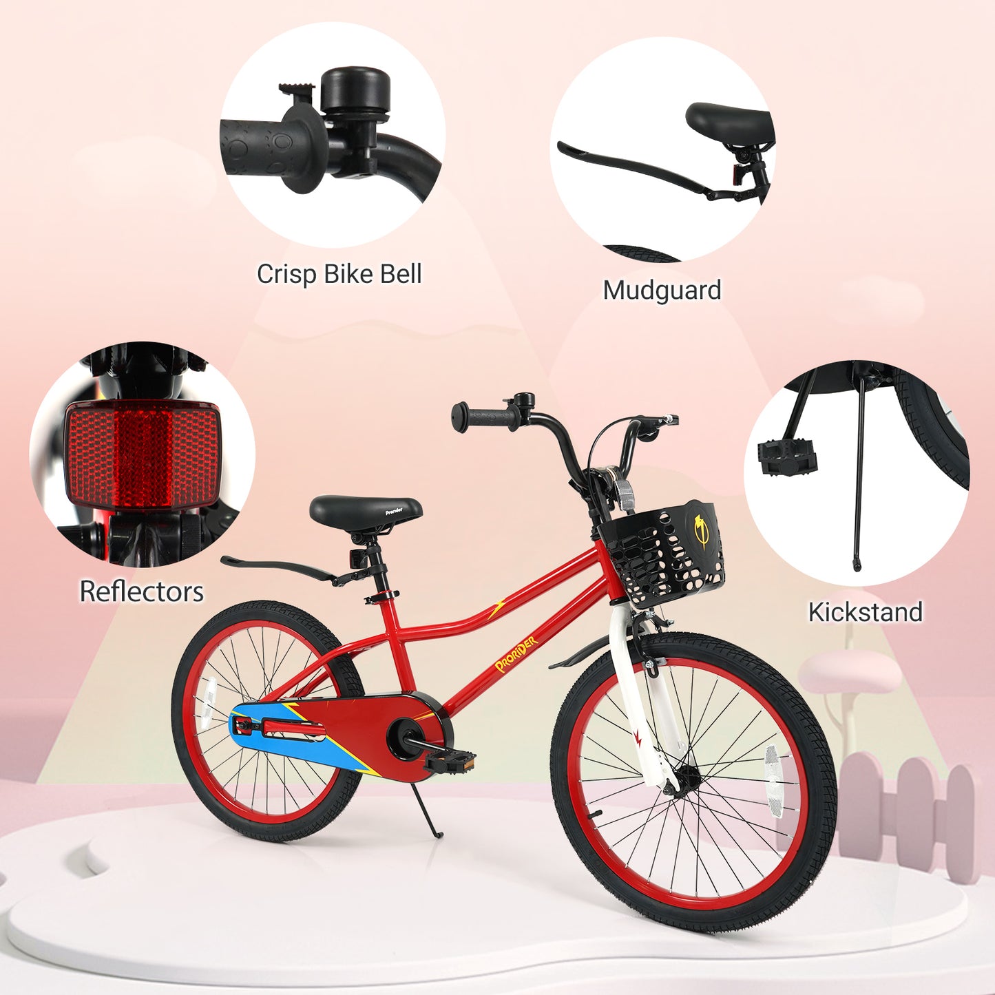 20 Inch Kids Bike Adjustable with Kickstand and Storage Basket for Aged 8+ Years, Red Kids Bike at Gallery Canada