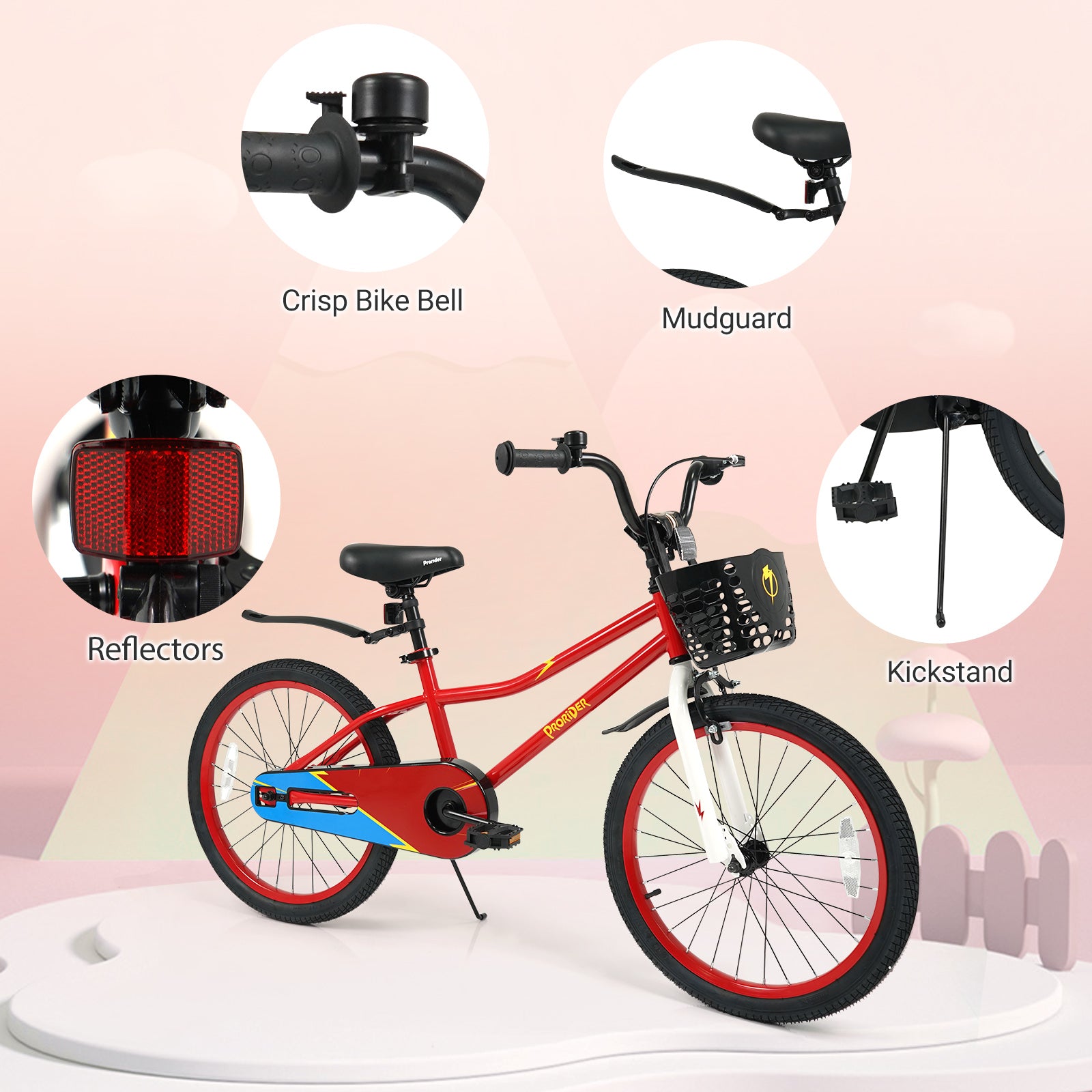 20 Inch Kids Bike Adjustable with Kickstand and Storage Basket for Aged 8+ Years, Red Kids Bike at Gallery Canada
