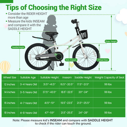 20 Inch Kids Bike Adjustable with Kickstand and Storage Basket for Aged 8+ Years, White Kids Bike at Gallery Canada