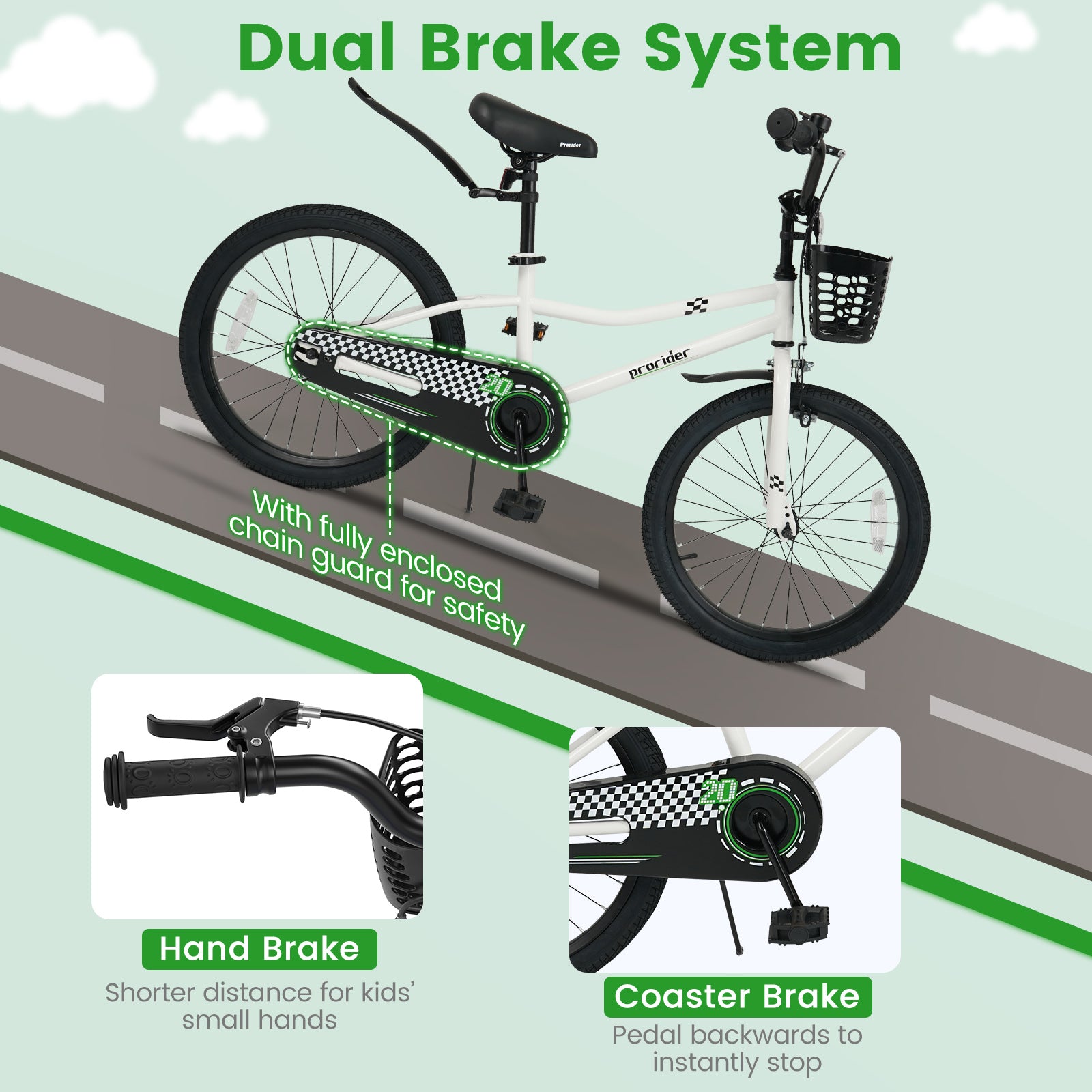 20 Inch Kids Bike Adjustable with Kickstand and Storage Basket for Aged 8+ Years, White Kids Bike at Gallery Canada