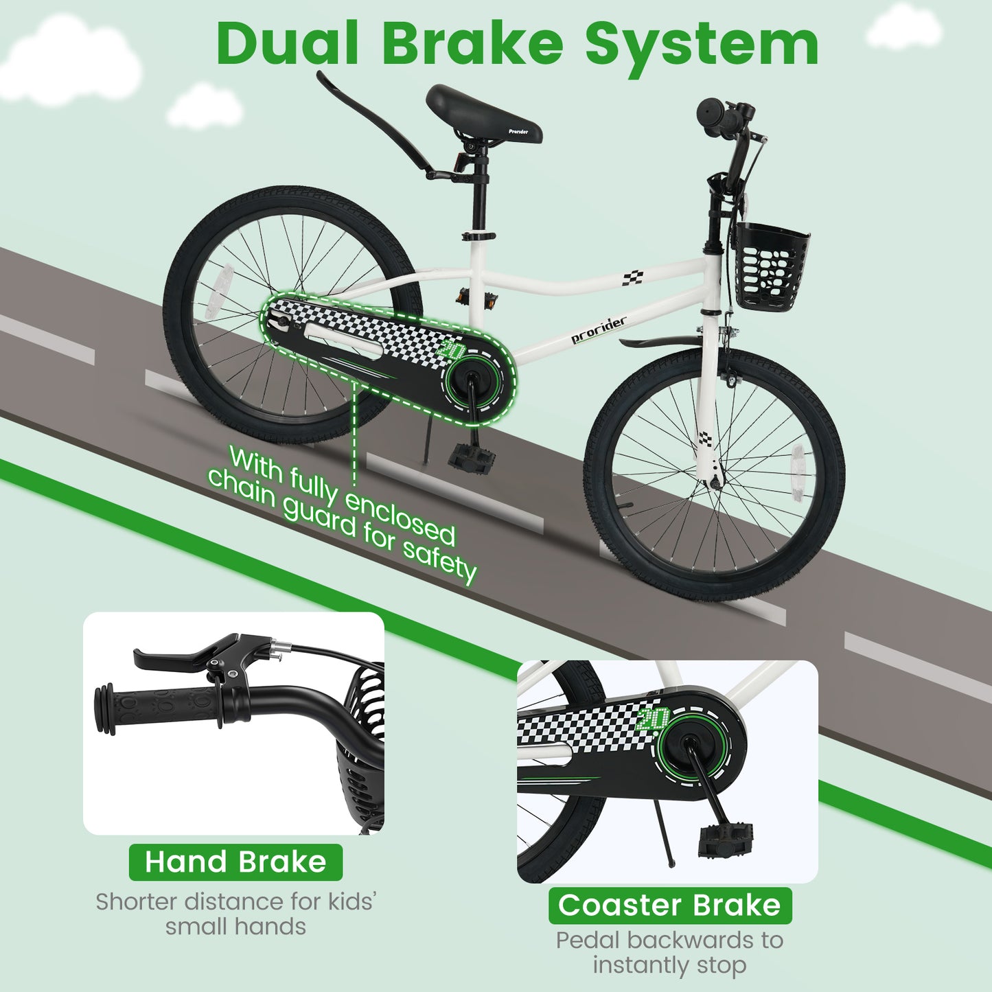 20 Inch Kids Bike Adjustable with Kickstand and Storage Basket for Aged 8+ Years, White Kids Bike at Gallery Canada