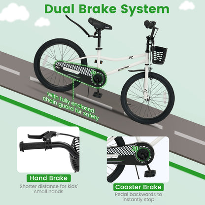 20 Inch Kids Bike Adjustable with Kickstand and Storage Basket for Aged 8+ Years, White Kids Bike at Gallery Canada