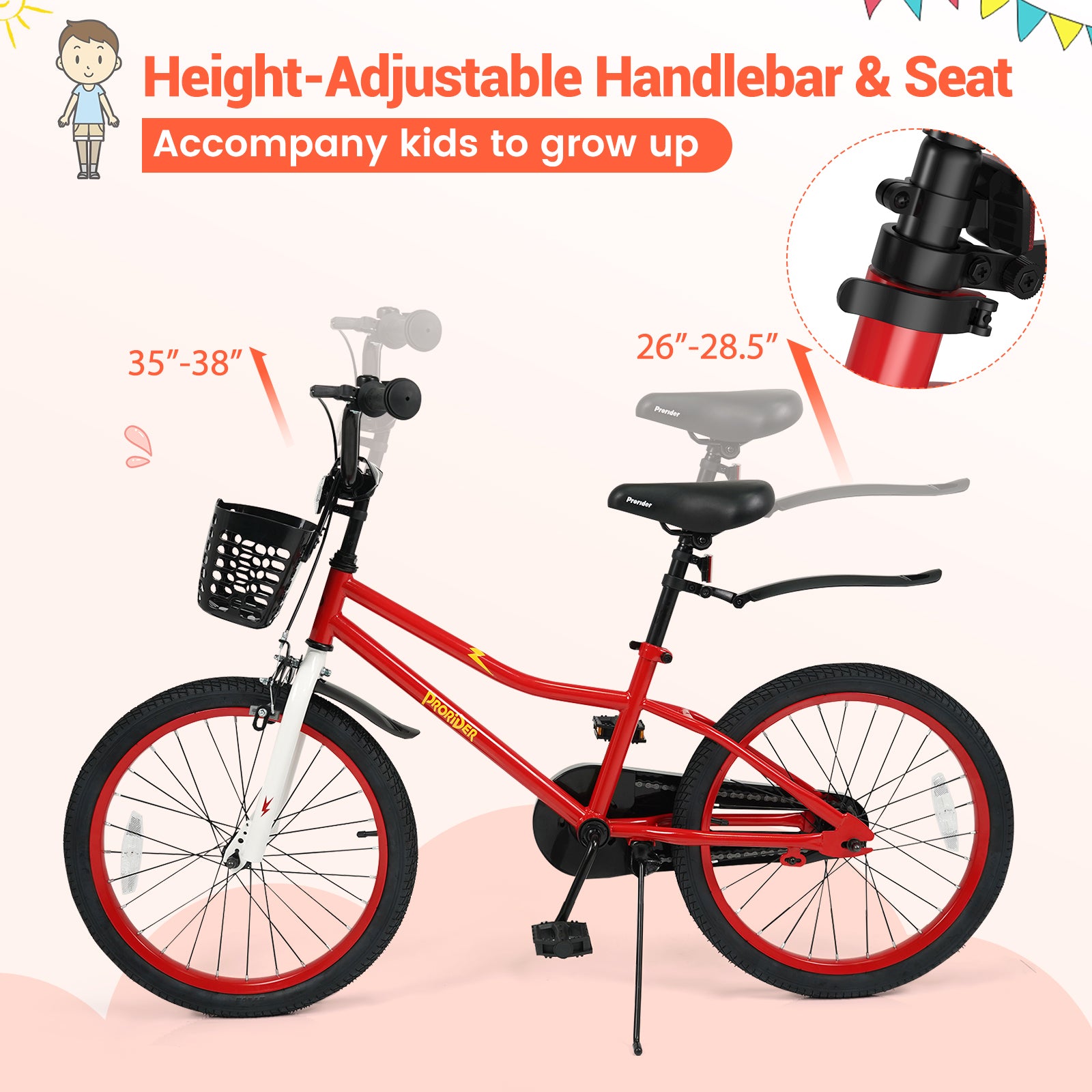 20 Inch Kids Bike Adjustable with Kickstand and Storage Basket for Aged 8+ Years, Red Kids Bike at Gallery Canada