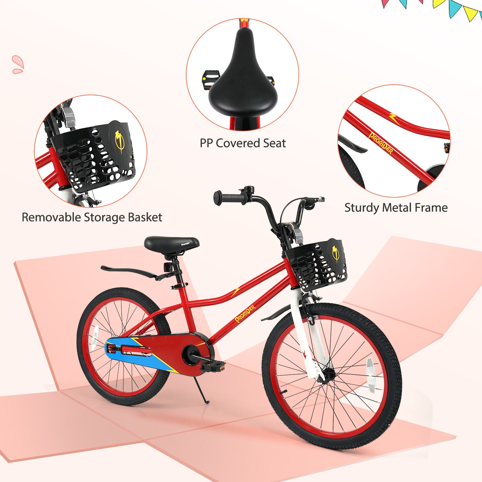 20 Inch Kids Bike Adjustable with Kickstand and Storage Basket for Aged 8+ Years, Red Kids Bike at Gallery Canada