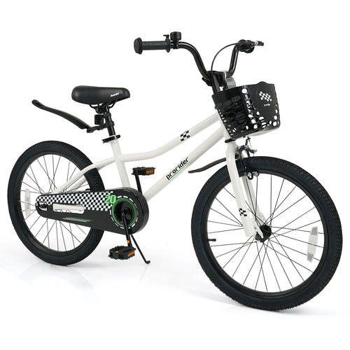 20 Inch Kids Bike Adjustable with Kickstand and Storage Basket for Aged 8+ Years, White