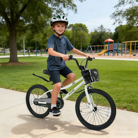 20 Inch Kids Bike Adjustable with Kickstand and Storage Basket for Aged 8+ Years, White Kids Bike White at Gallery Canada