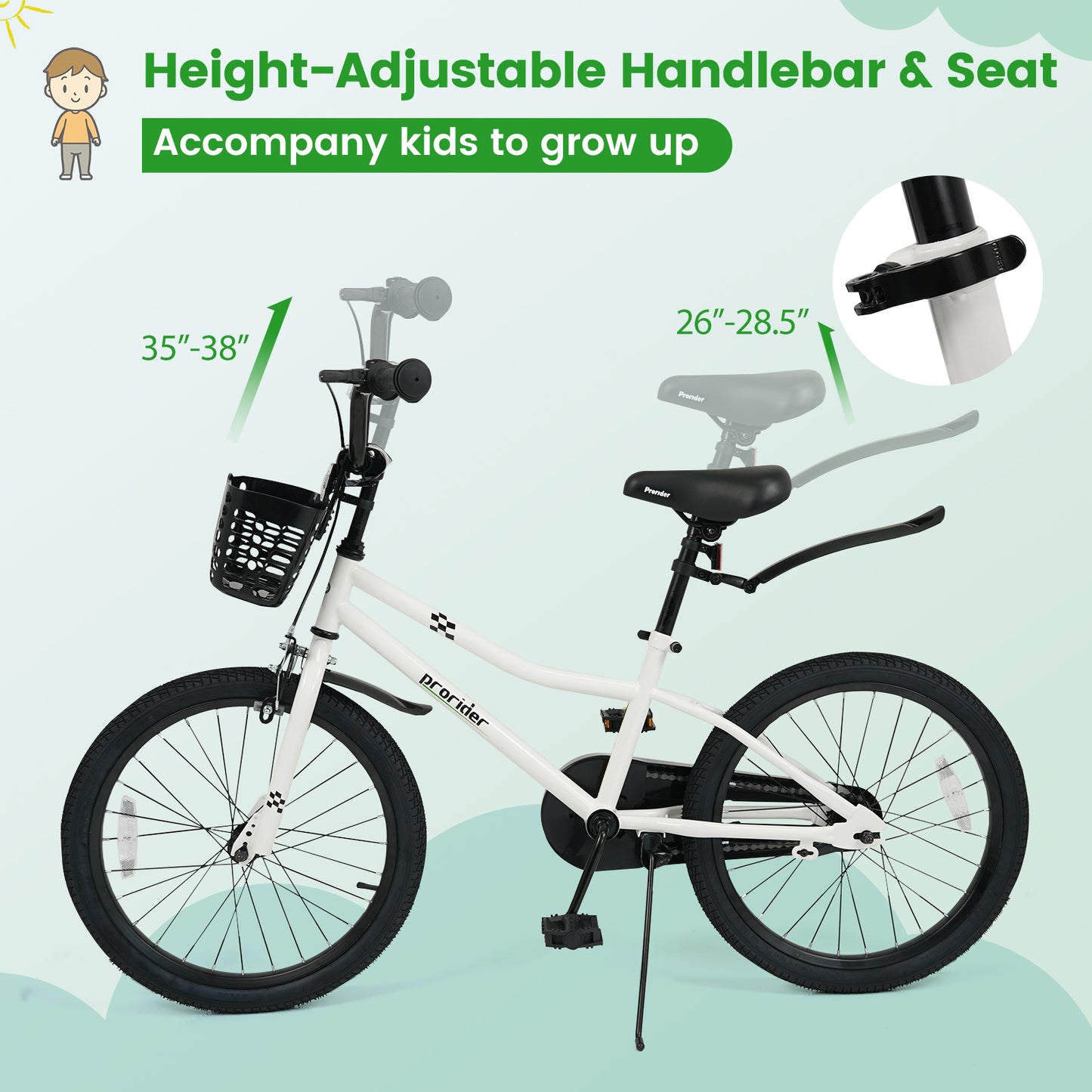 20 Inch Kids Bike Adjustable with Kickstand and Storage Basket for Aged 8+ Years, White Kids Bike at Gallery Canada