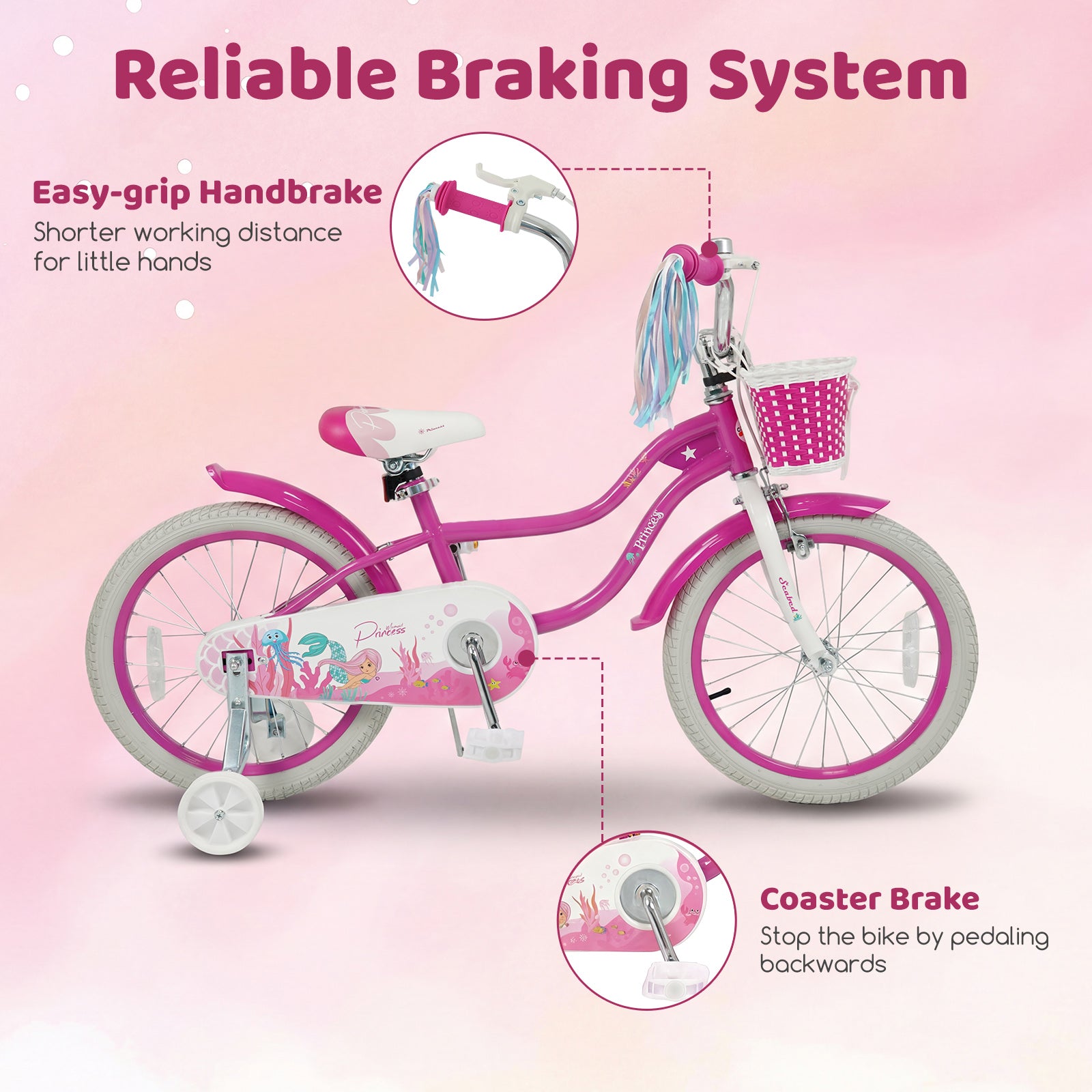 20 Inch Kids Bike, Adjustable, With Basket And Streamers, Rose Red Kids Bike at Gallery Canada