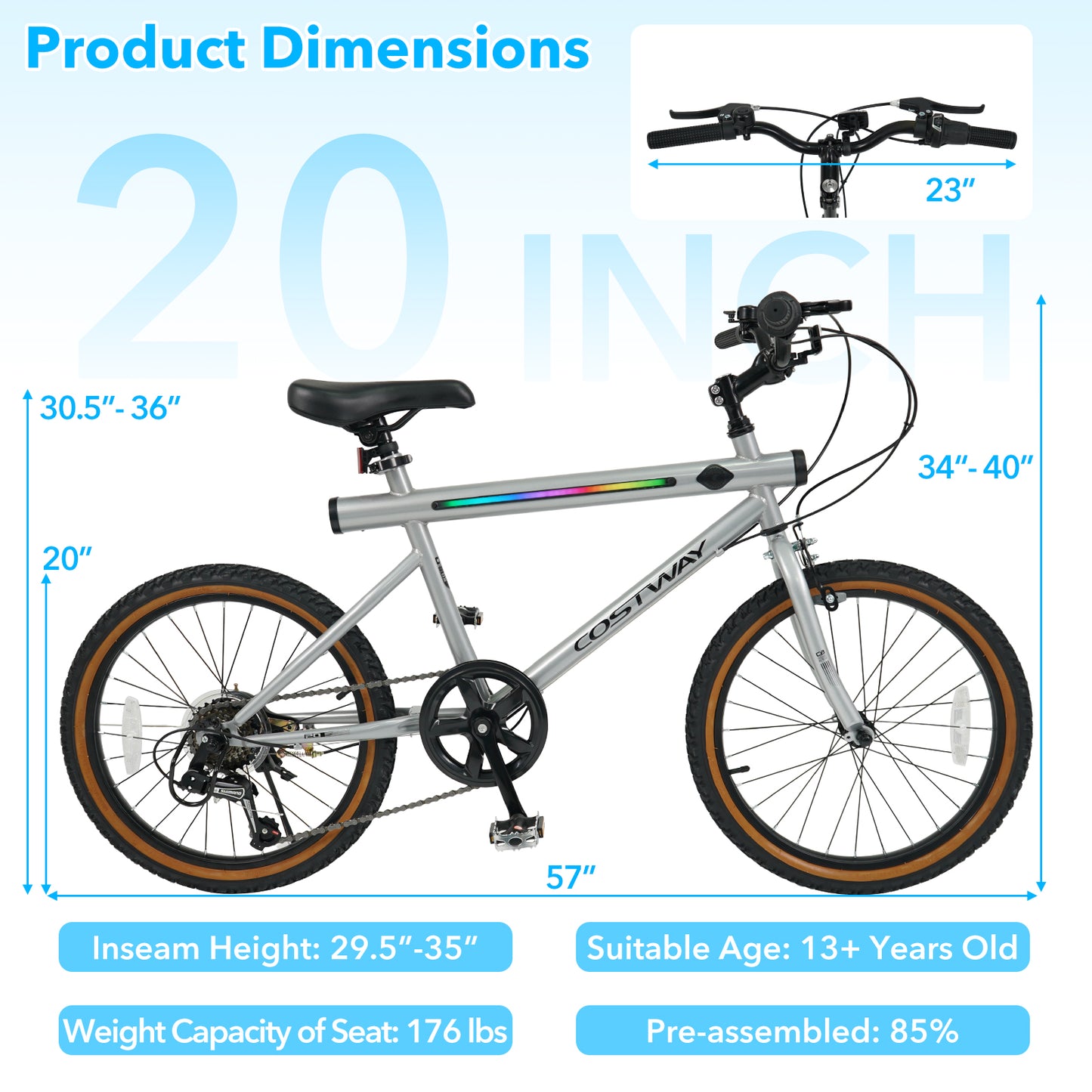 20 Inch LED Cycling Bike, 2 Speakers, Ambient Lights, Silver Kids Bike at Gallery Canada
