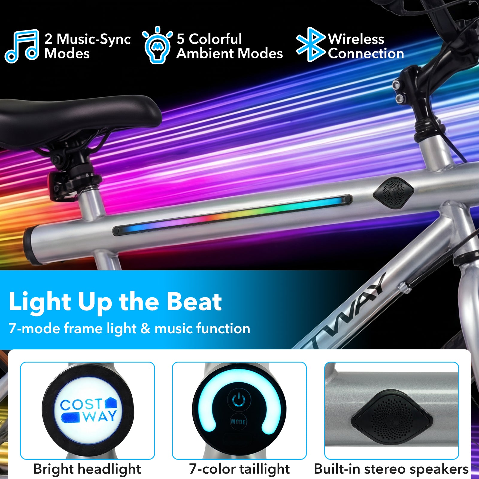 20 Inch LED Cycling Bike, 2 Speakers, Ambient Lights, Silver Kids Bike at Gallery Canada