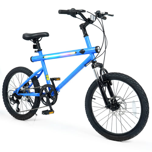 20 Inch Mountain Bike, 6-Speed Shimano, LED Lights, Speakers, Blue