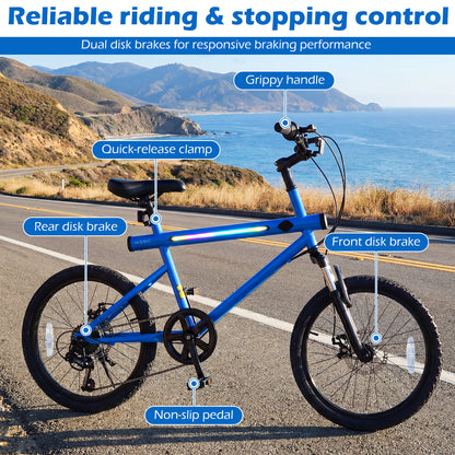 20 Inch Mountain Bike, 6-Speed Shimano, LED Lights, Speakers, Blue Kids Bike at Gallery Canada