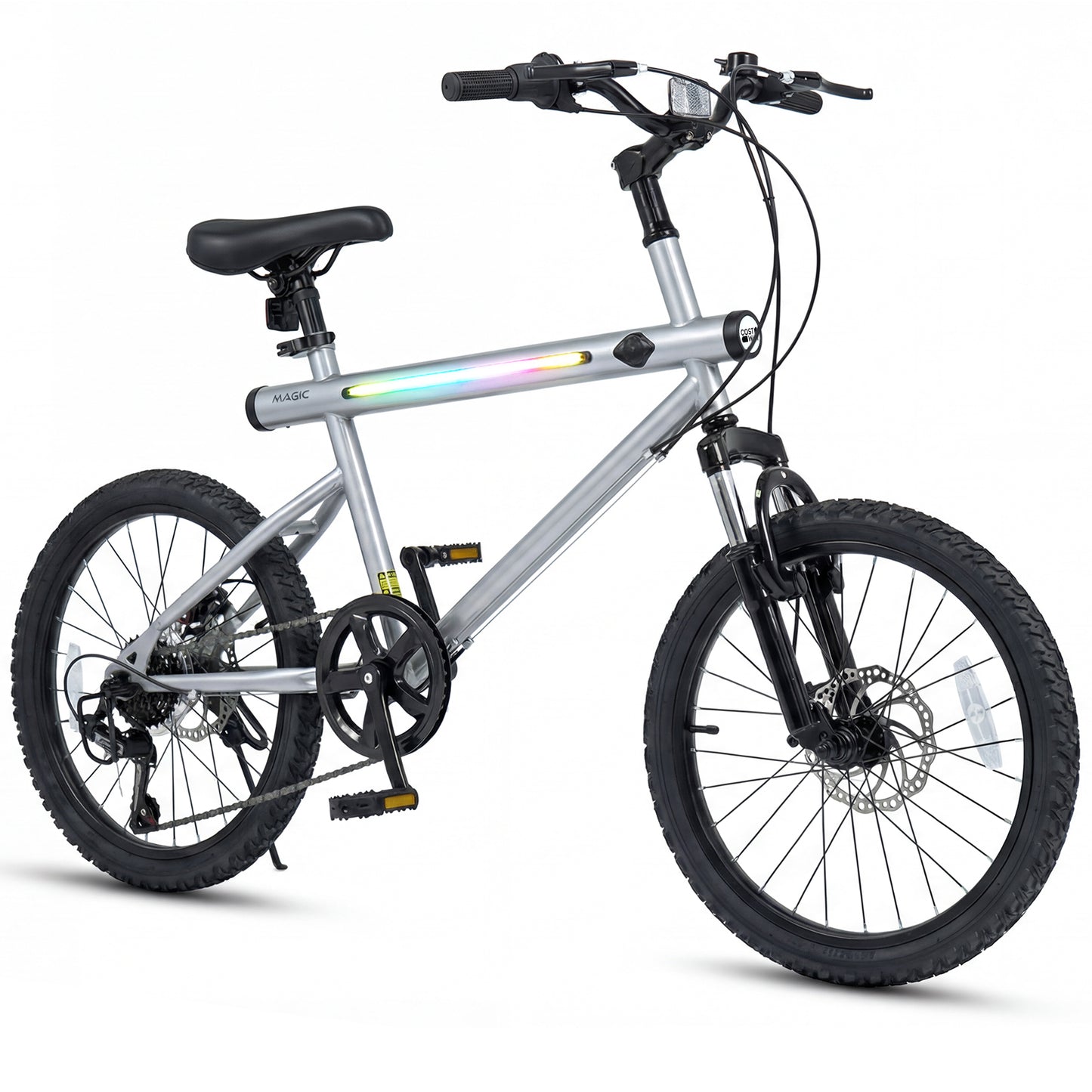 20 Inch Mountain Bike, LED Lights, 6-Speed Shimano, Silver Kids Bike Silver at Gallery Canada