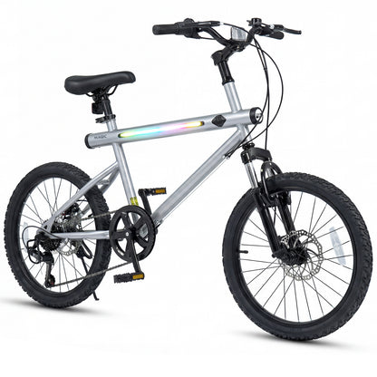 20 Inch Mountain Bike, LED Lights, 6-Speed Shimano, Silver Kids Bike Silver at Gallery Canada