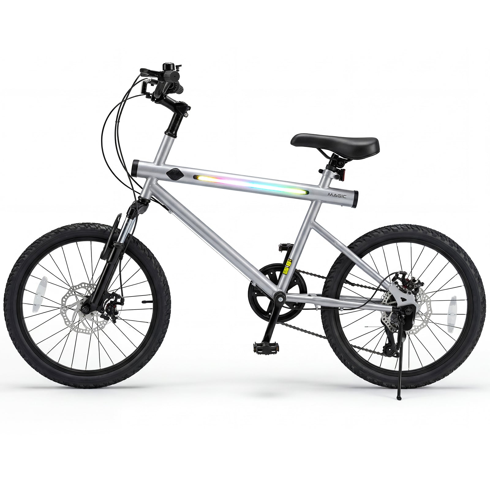 20 Inch Mountain Bike, LED Lights, 6-Speed Shimano, Silver Kids Bike at Gallery Canada