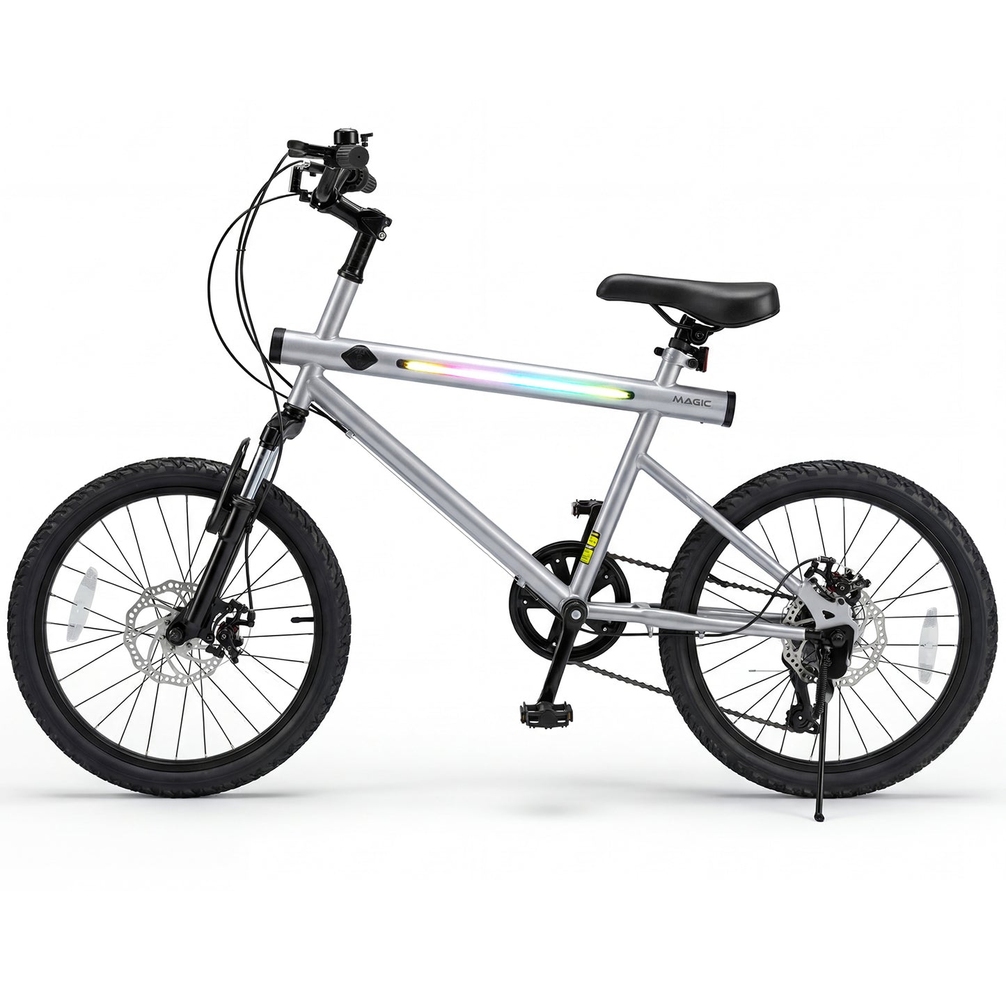 20 Inch Mountain Bike, LED Lights, 6-Speed Shimano, Silver Kids Bike at Gallery Canada