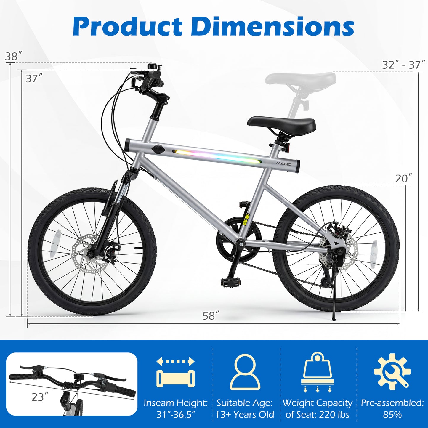 20 Inch Mountain Bike, LED Lights, 6-Speed Shimano, Silver Kids Bike at Gallery Canada