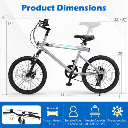 20 Inch Mountain Bike, LED Lights, 6-Speed Shimano, Silver Kids Bike at Gallery Canada