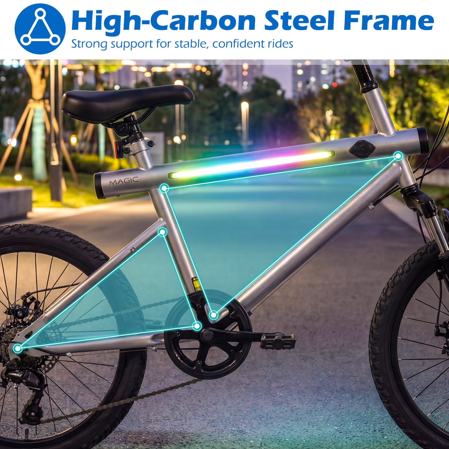 20 Inch Mountain Bike, LED Lights, 6-Speed Shimano, Silver Kids Bike at Gallery Canada