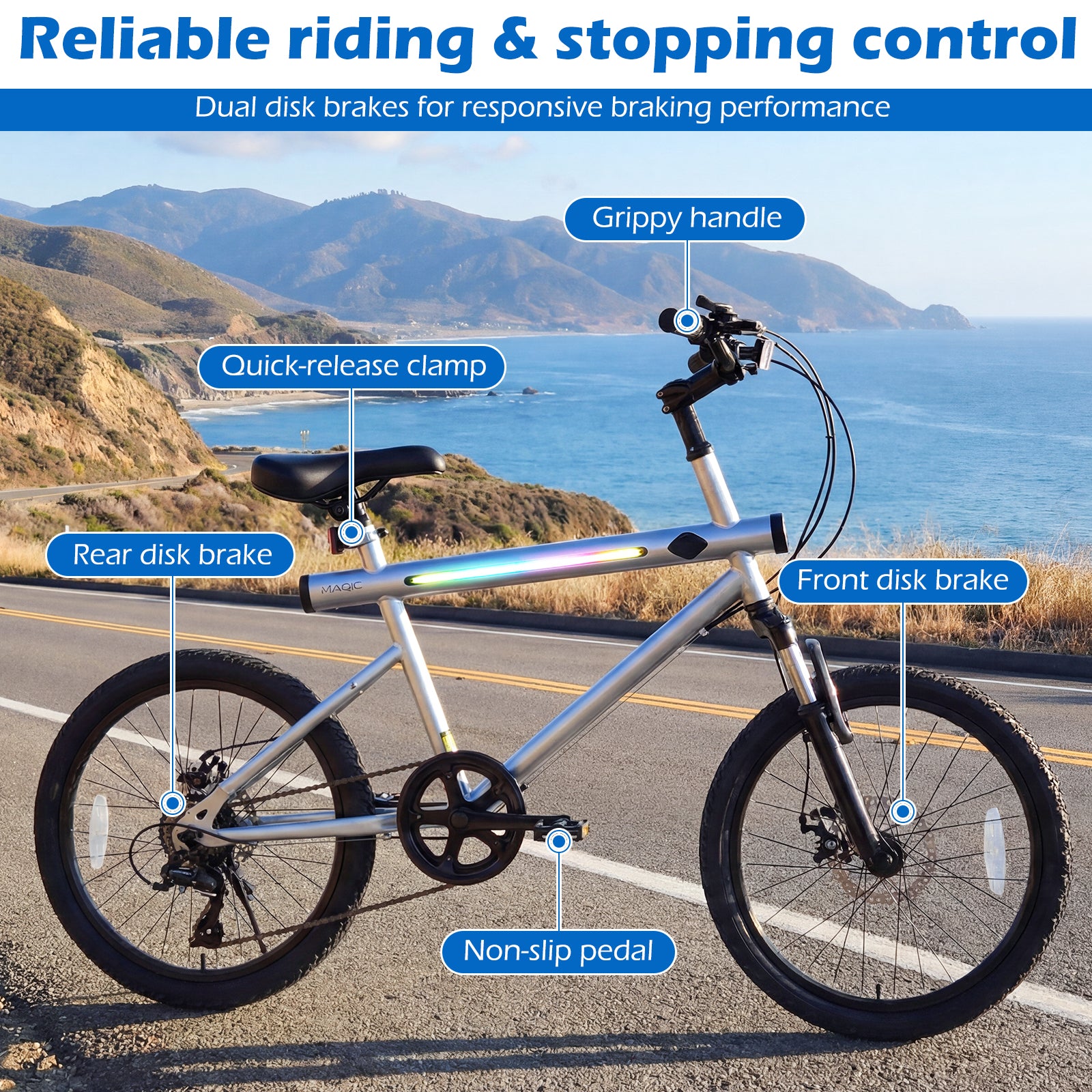 20 Inch Mountain Bike, LED Lights, 6-Speed Shimano, Silver Kids Bike at Gallery Canada