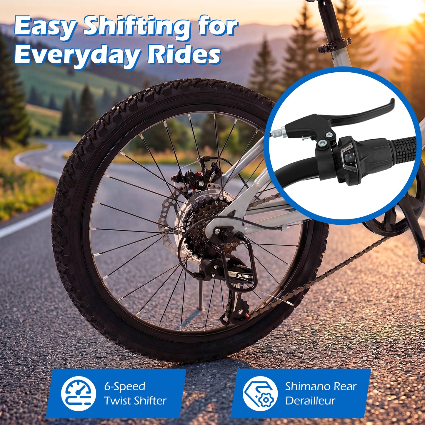 20 Inch Mountain Bike, LED Lights, 6-Speed Shimano, Silver Kids Bike at Gallery Canada