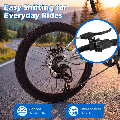 20 Inch Mountain Bike, LED Lights, 6-Speed Shimano, Silver Kids Bike at Gallery Canada