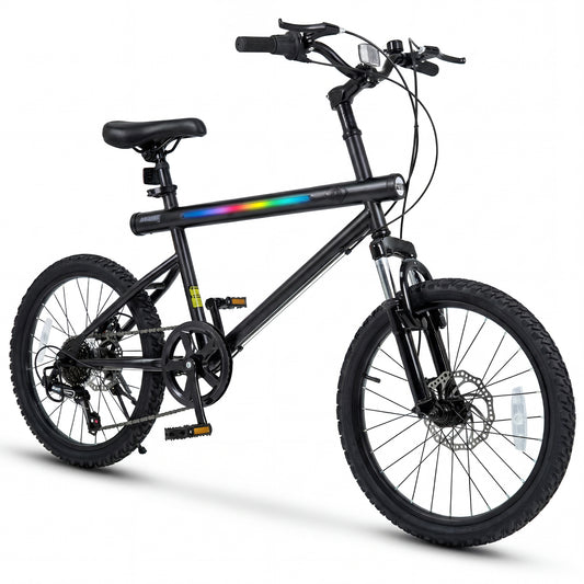 20 Inch Mountain Bike, LED Lights, 6-Speed Shimano, Black Kids Bike Black at Gallery Canada