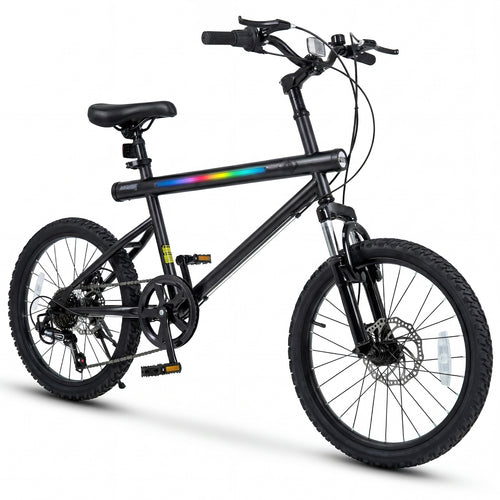 20 Inch Mountain Bike, LED Lights, 6-Speed Shimano, Black