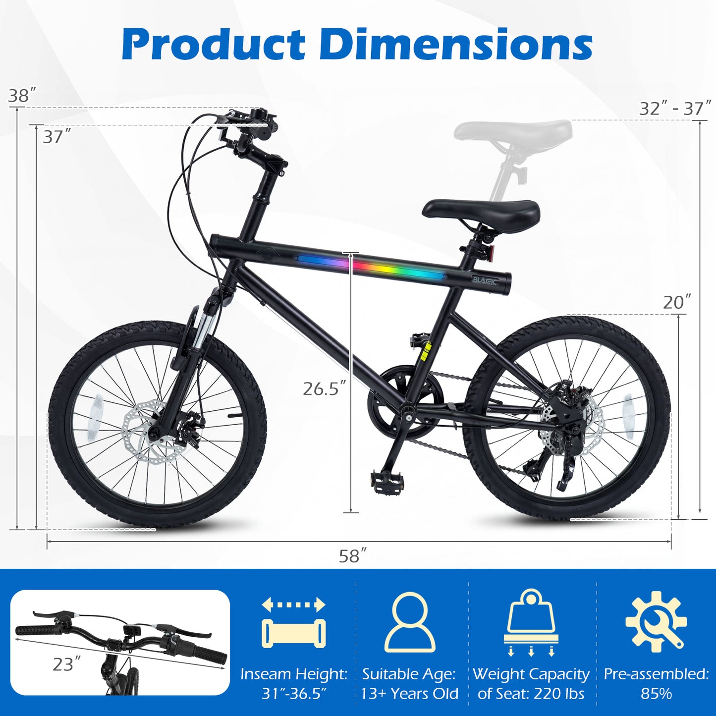 20 Inch Mountain Bike, LED Lights, 6-Speed Shimano, Black Kids Bike at Gallery Canada
