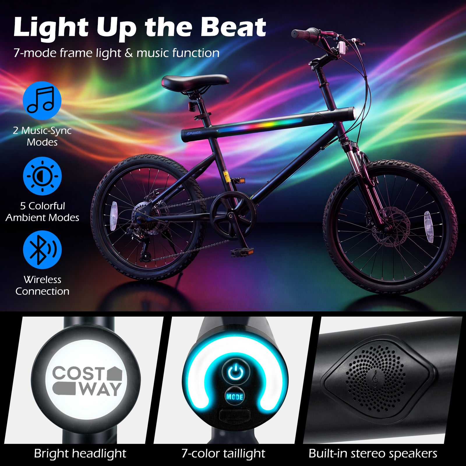 20 Inch Mountain Bike, LED Lights, 6-Speed Shimano, Black Kids Bike at Gallery Canada