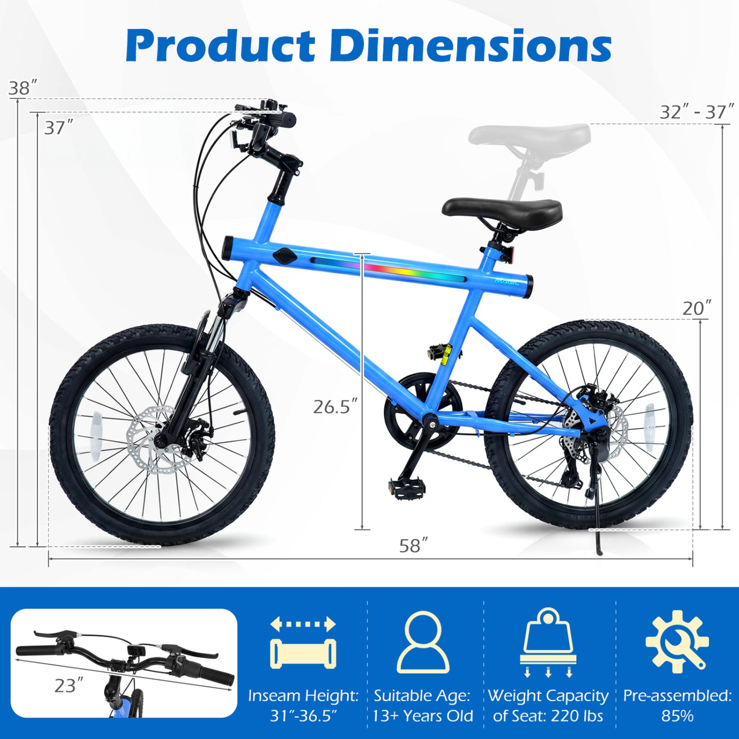 20 Inch Mountain Bike, 6-Speed Shimano, LED Lights, Speakers, Blue Kids Bike at Gallery Canada