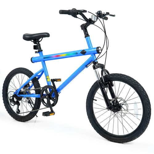 20 Inch Mountain Bike, 6-Speed Shimano, LED Lights, Speakers, Blue